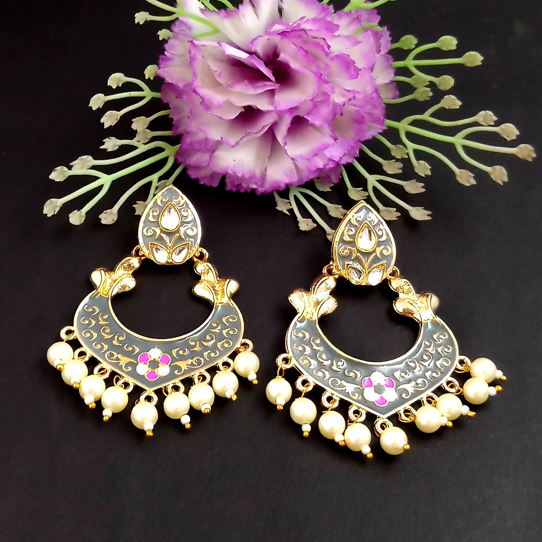PARSHWAM Grey Glossy Meenakari Pearl Drop Jhumki