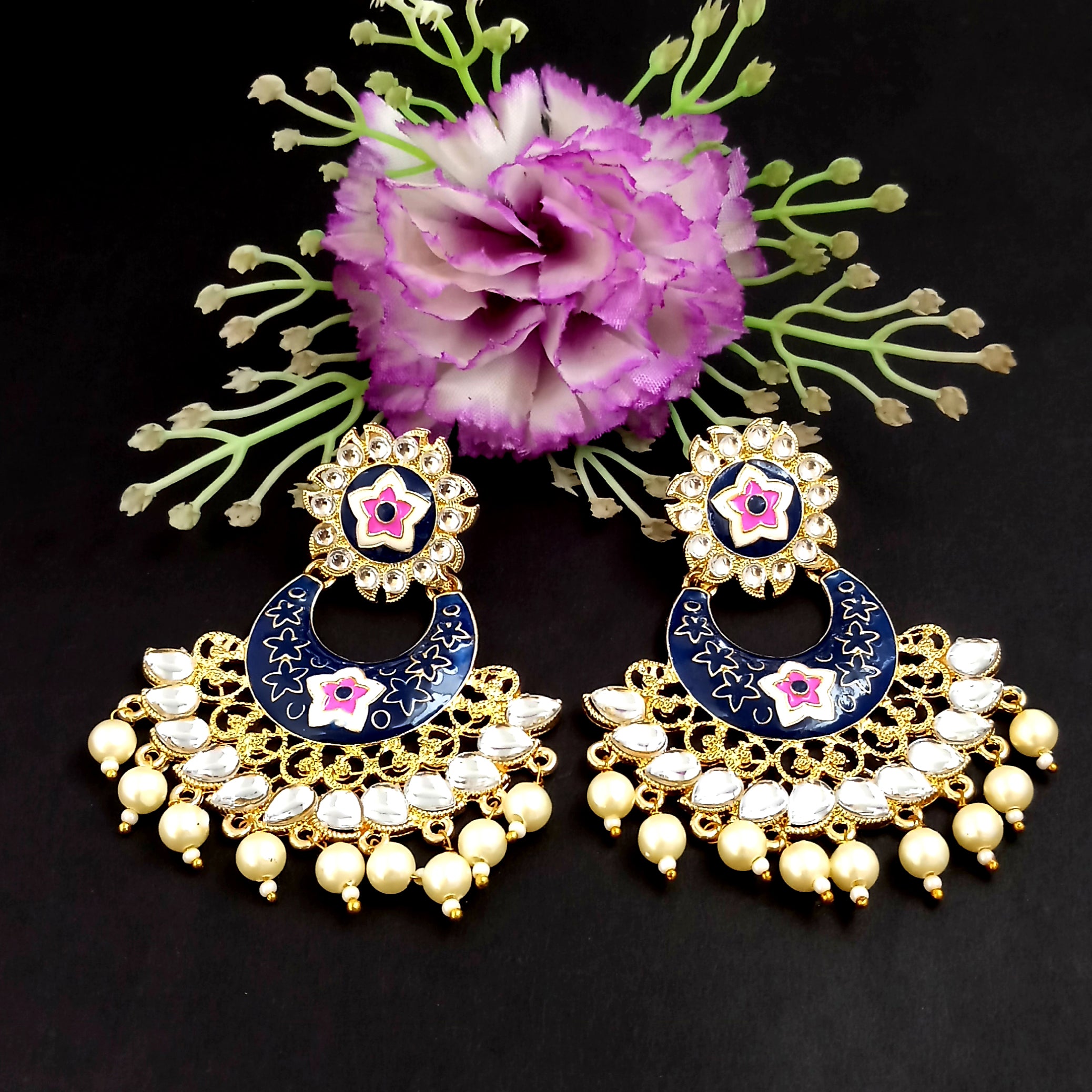 PARSHWAM Blue Glossy Meenakari Pearl Drop Jhumki