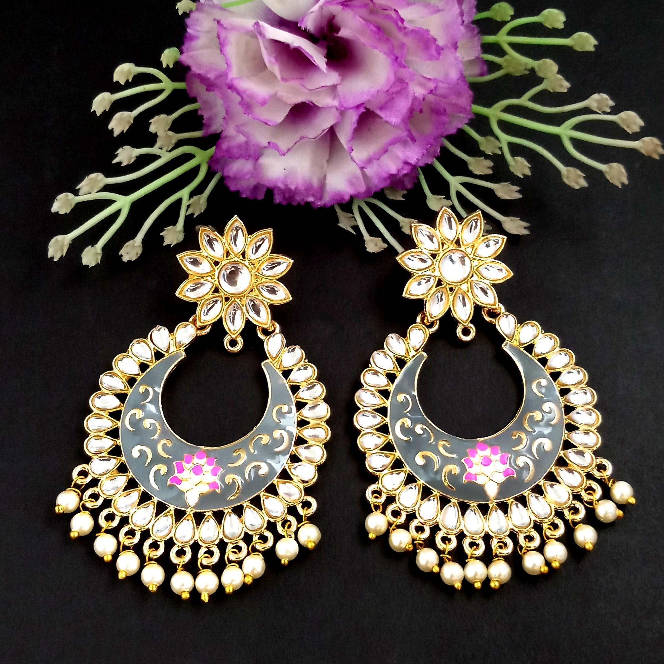 PARSHWAM Grey Glossy Meenakari Pearl Drop Jhumki