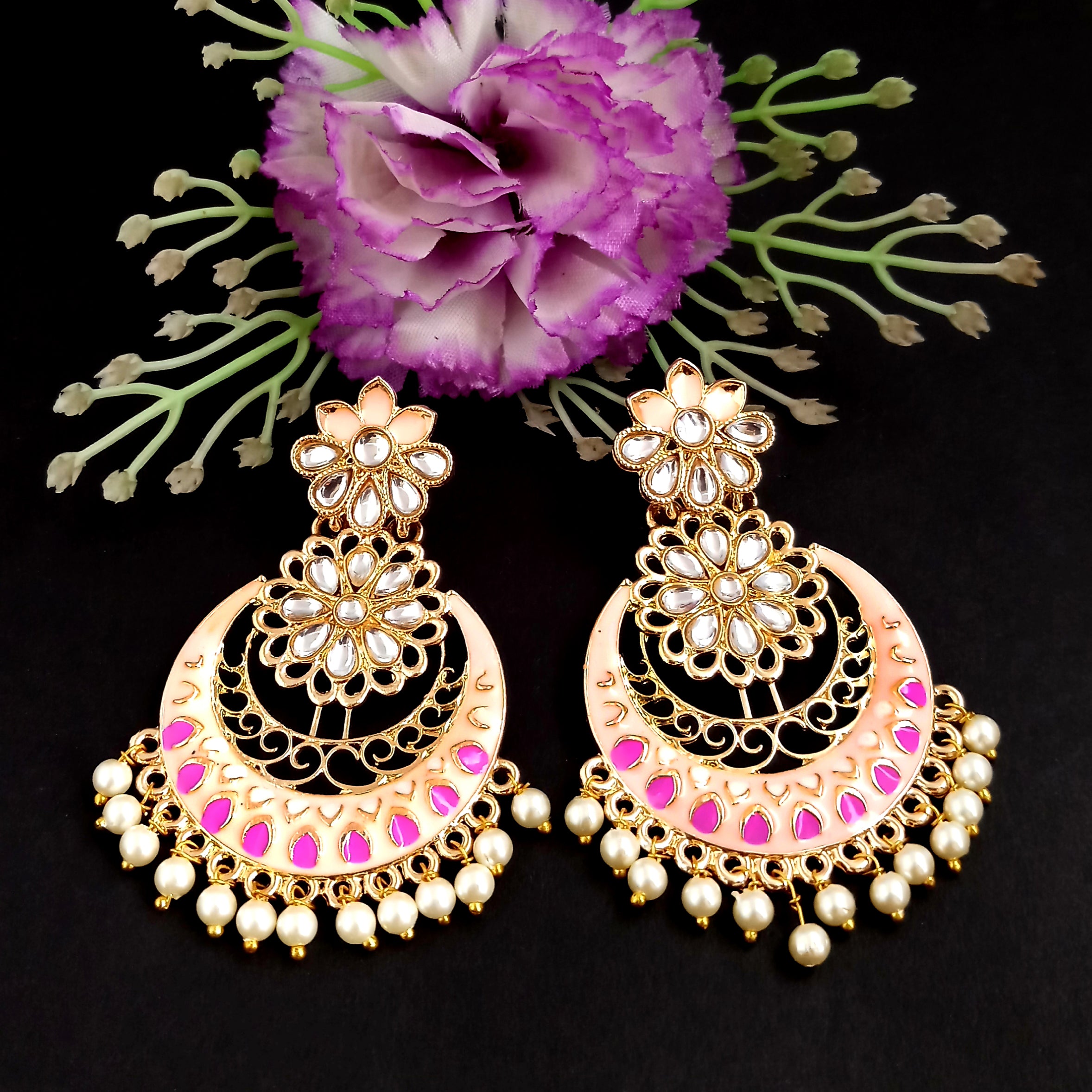 PARSHWAM Peach Glossy Meenakari Pearl Drop Jhumki