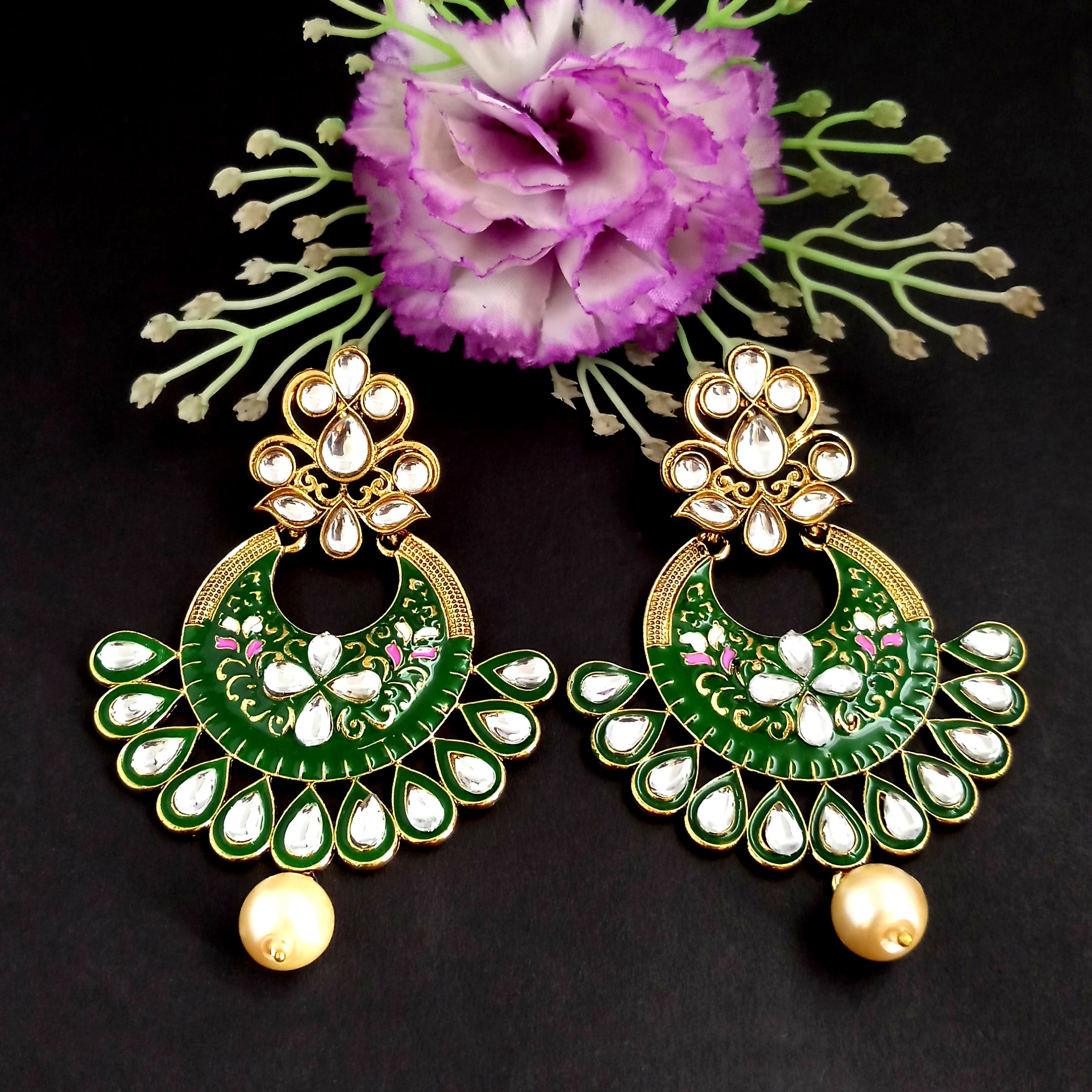 PARSHWAM Dark Green Glossy Meenakari Pearl Drop Jhumki