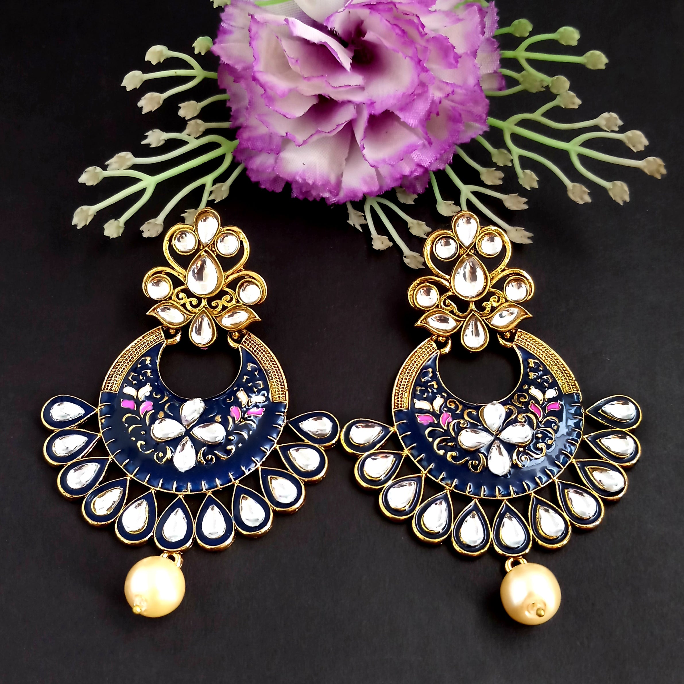 PARSHWAM Blue Glossy Meenakari Pearl Drop Jhumki