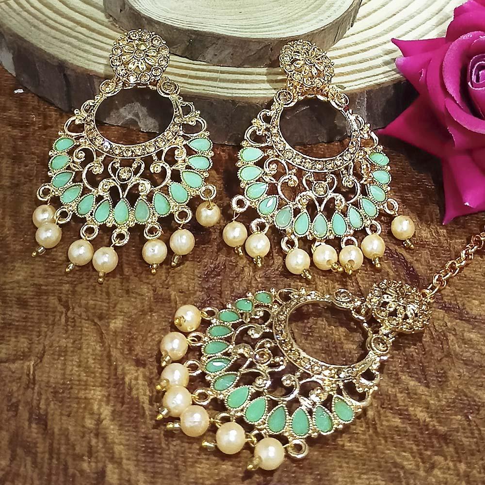 Adi Gold Plated Light Green Kundan And Stone Earrings With Maang Tikka - 1319201A