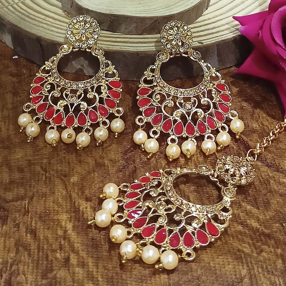 Adi Gold Plated Light Green Kundan And Stone Earrings With Maang Tikka - 1319201A