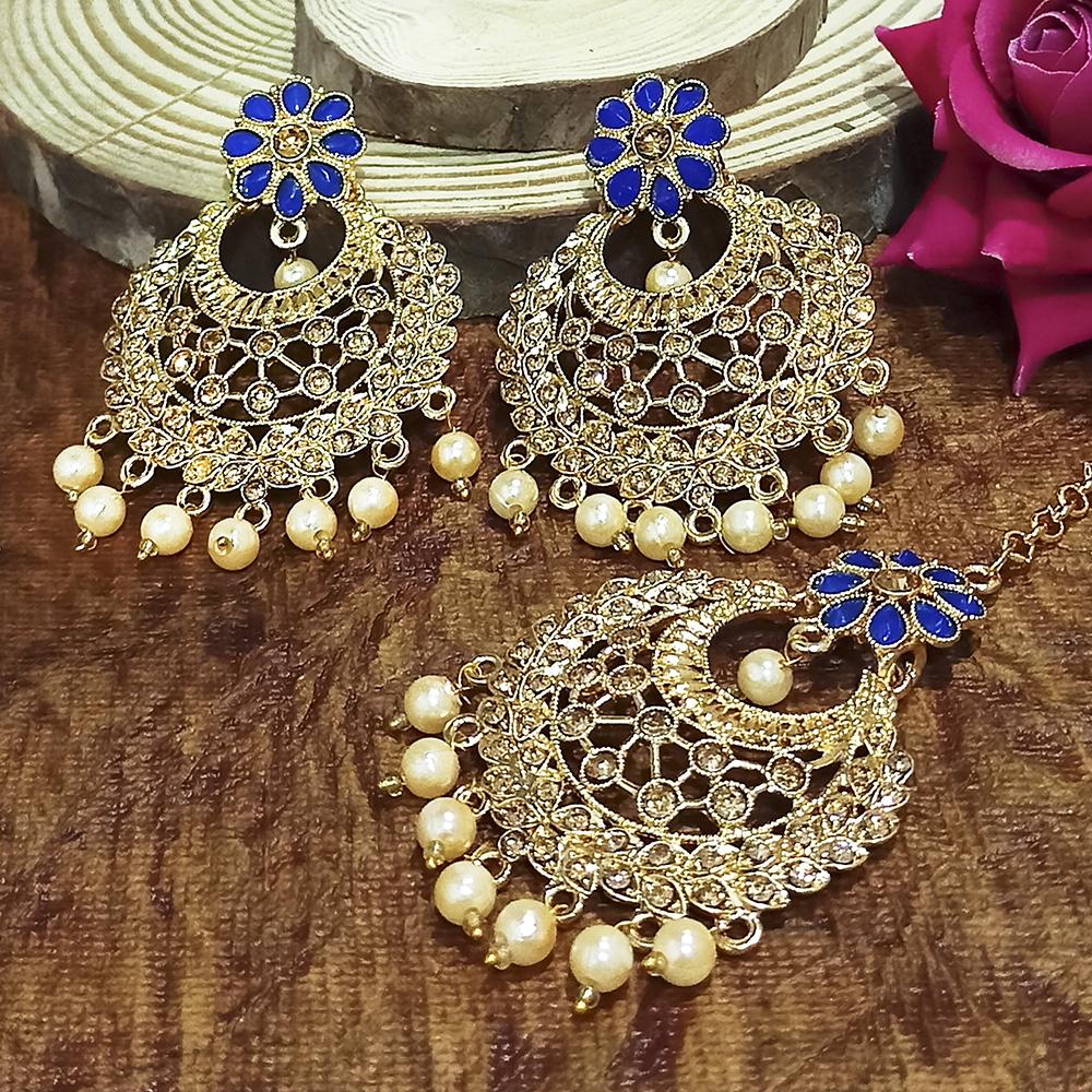 Adi Gold Plated Blue Kundan And Stone Earrings With Maang Tikka