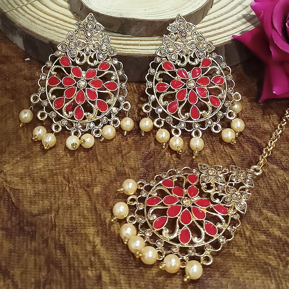 Adi Gold Plated Pink Kundan And Stone Earrings With Maang Tikka - 1319204D