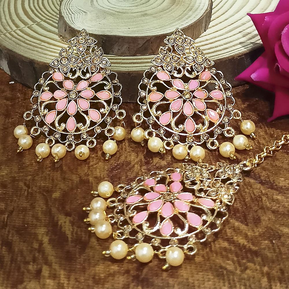 Adi Gold Plated Pink Kundan And Stone Earrings With Maang Tikka