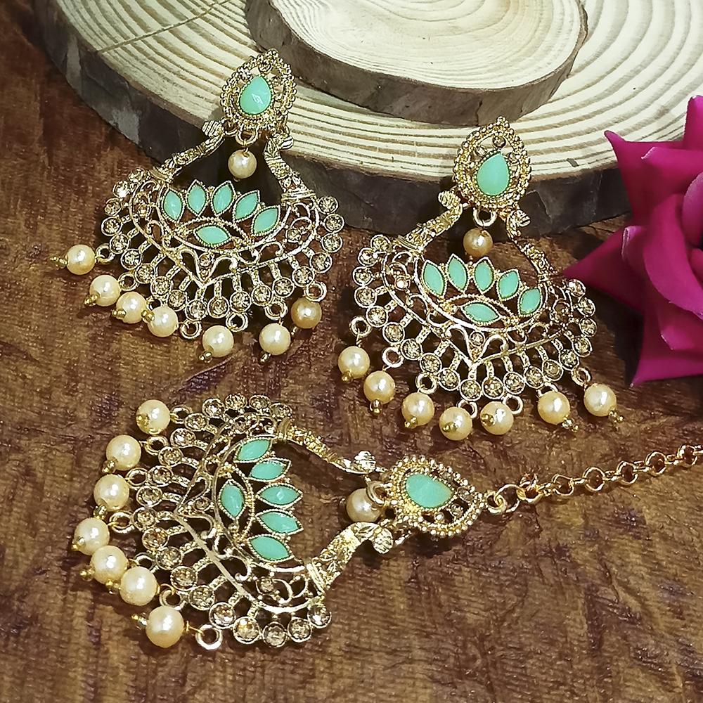 Adi Gold Plated Pink Kundan And Stone Earrings With Maang Tikka - 1319207D