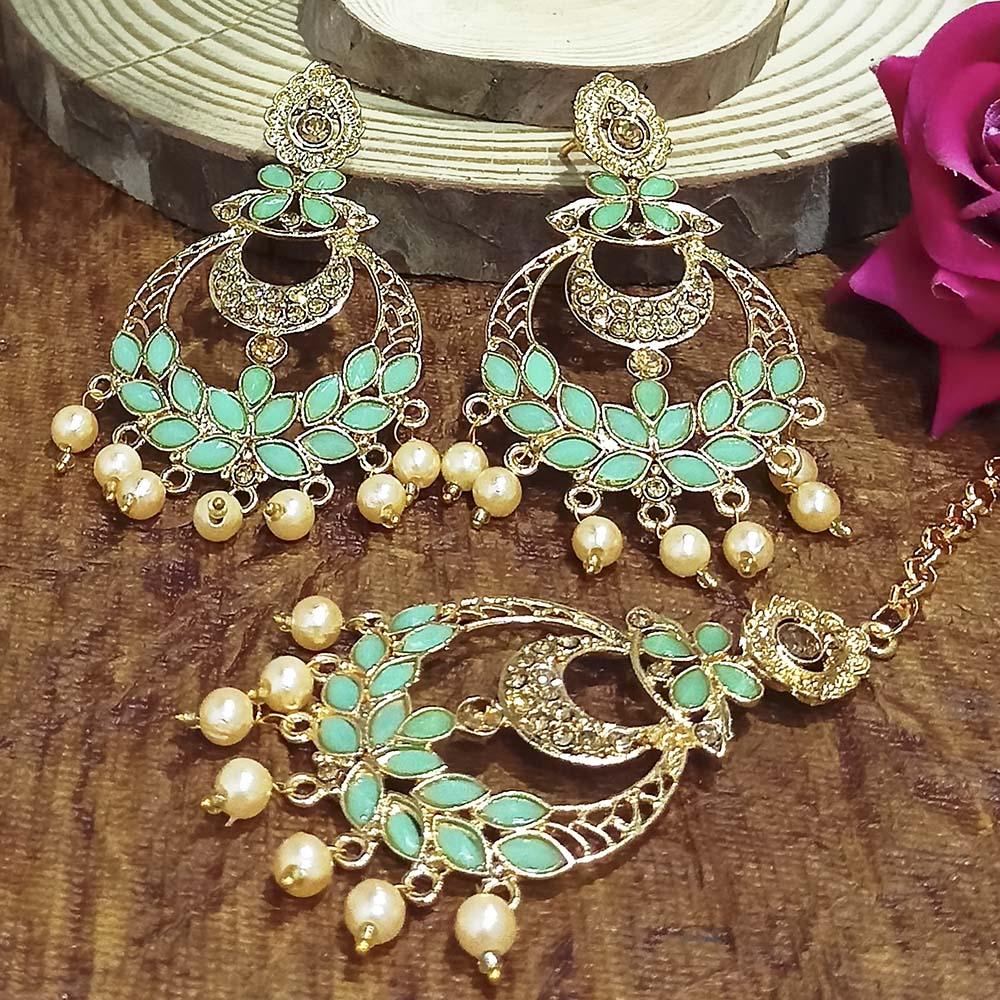 Adi Gold Plated Light Green Kundan And Stone Earrings With Maang Tikka - 1319209A