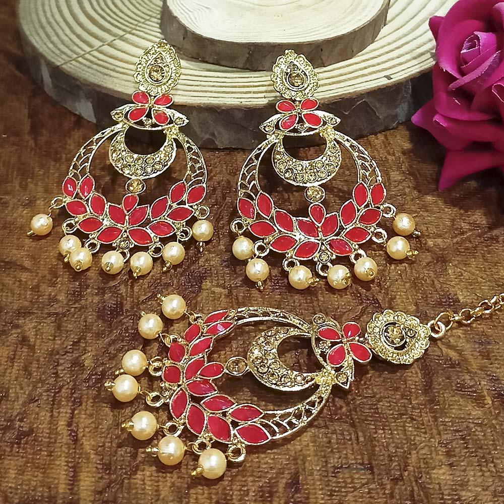 Adi Gold Plated Light Green Kundan And Stone Earrings With Maang Tikka - 1319209A