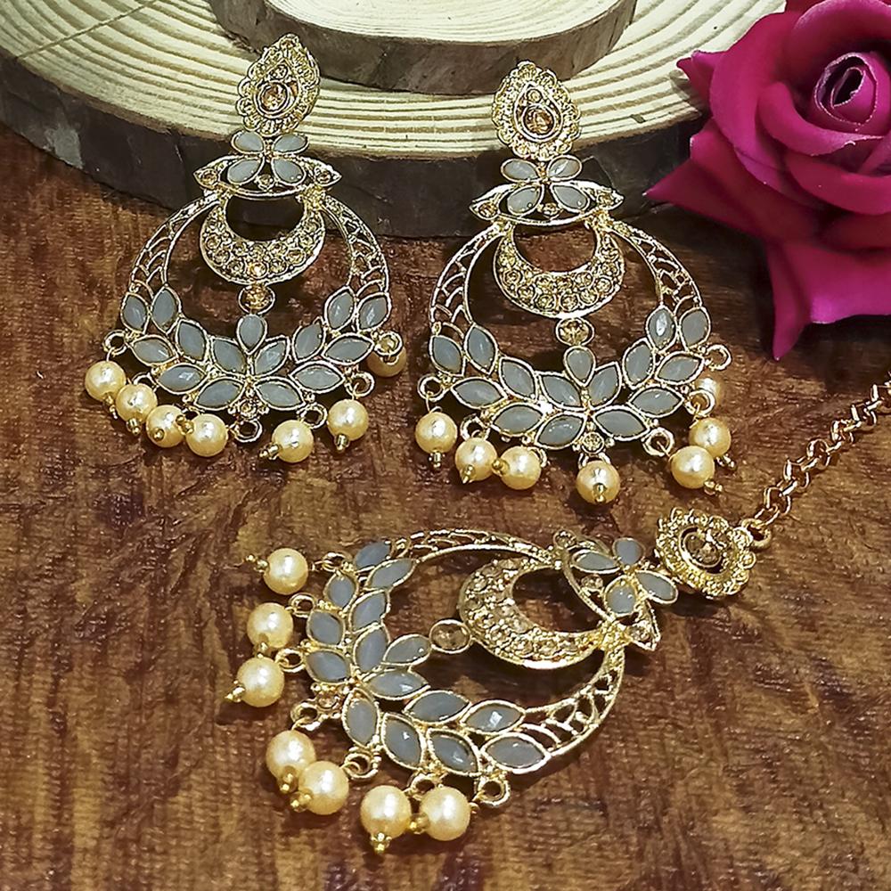 Adi Gold Plated Light Green Kundan And Stone Earrings With Maang Tikka - 1319209A