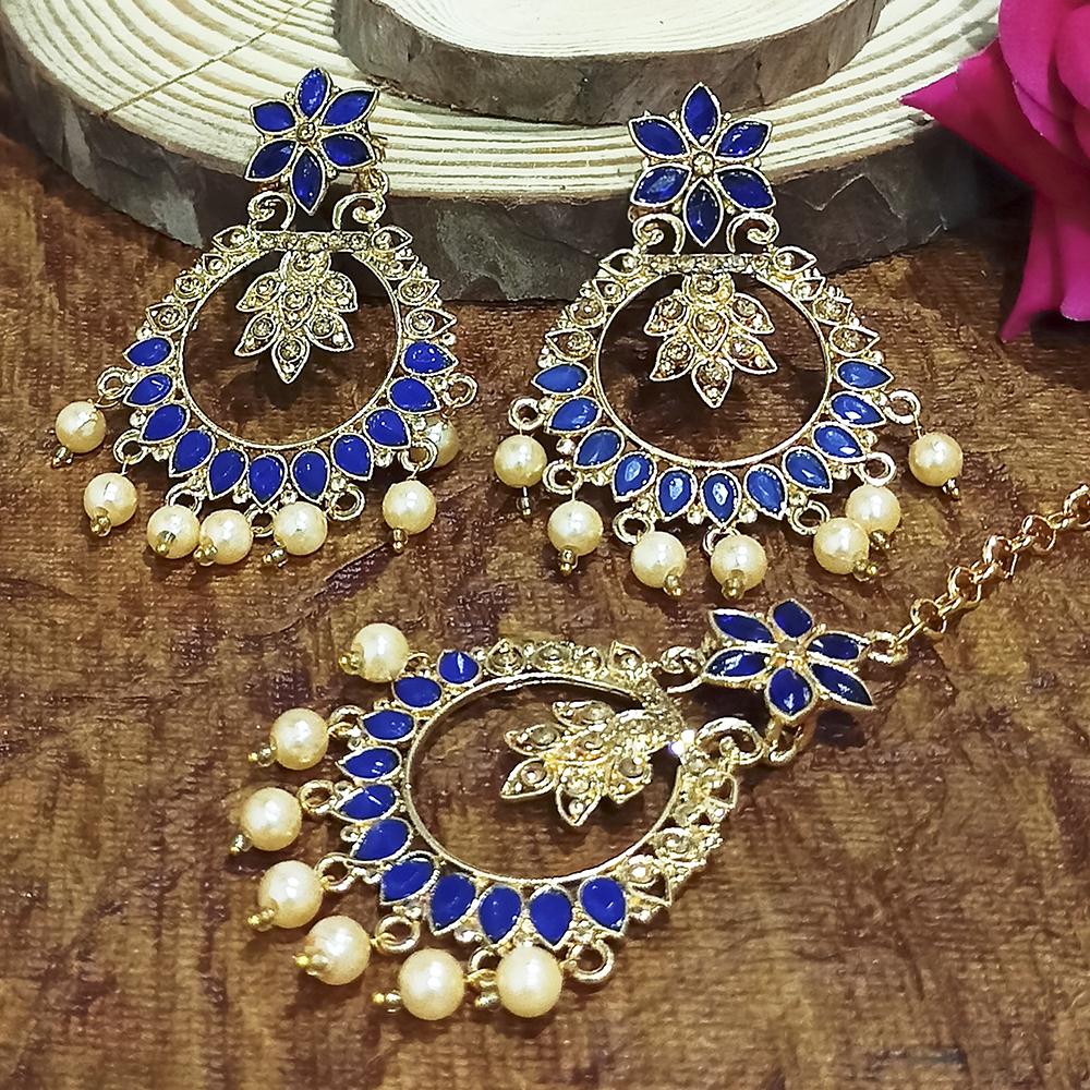Adi Gold Plated Blue Kundan And Stone Earrings With Maang Tikka