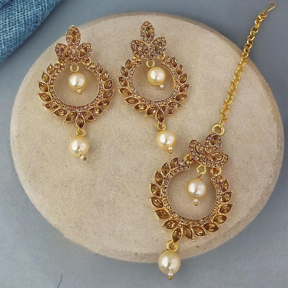 Adi Gold Plated Kundan And Austrian Stone Earrings With Maang Tikka - 1319254