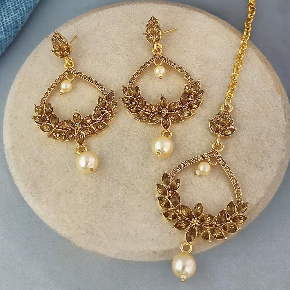 Adi Gold Plated Kundan And Austrian Stone Earrings With Maang Tikka - 1319255