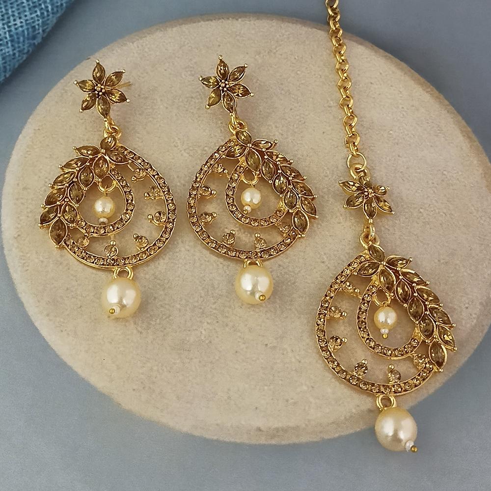Adi Gold Plated Kundan And Austrian Stone Earrings With Maang Tikka - 1319256