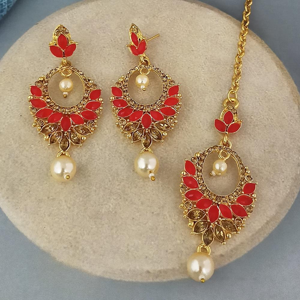 Adi Gold Plated Kundan And Austrian Stone Earrings With Maang Tikka - 1319257