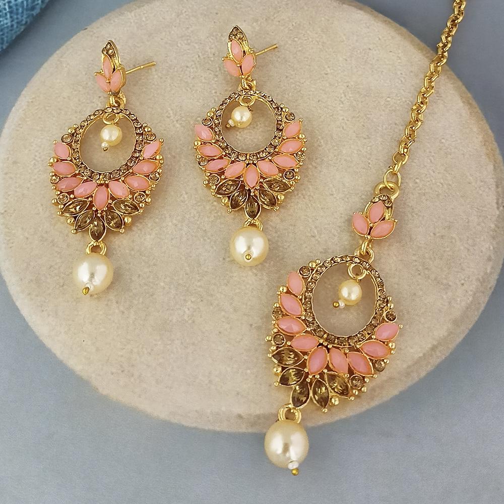 Adi Gold Plated Kundan And Austrian Stone Earrings With Maang Tikka - 1319257
