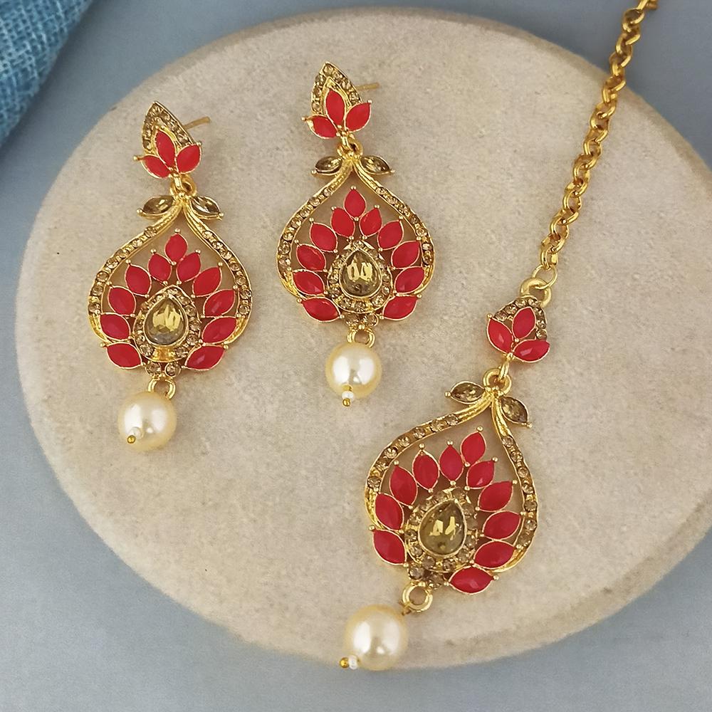Adi Gold Plated Kundan And Austrian Stone Earrings With Maang Tikka - 1319258