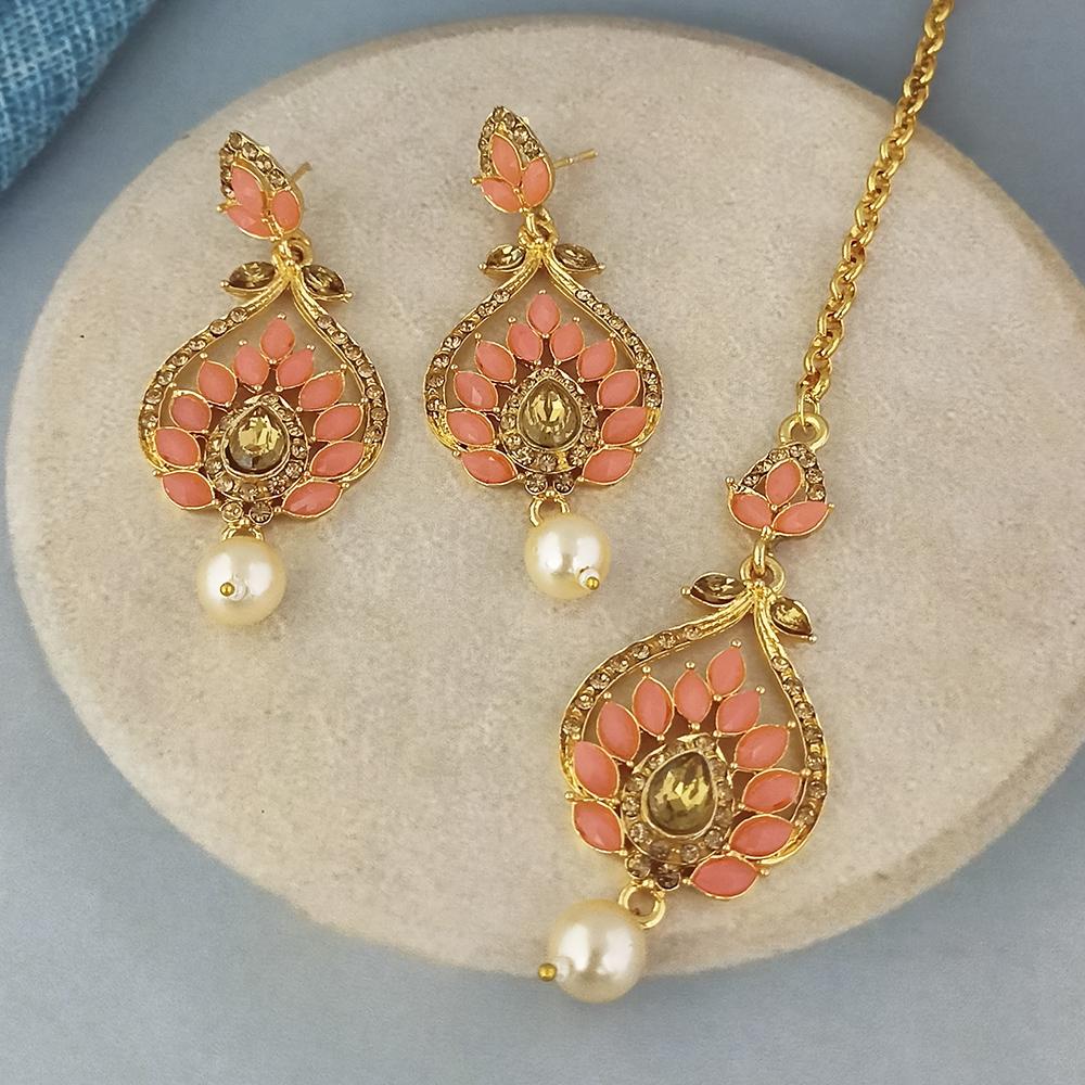 Adi Gold Plated Kundan And Austrian Stone Earrings With Maang Tikka - 1319258