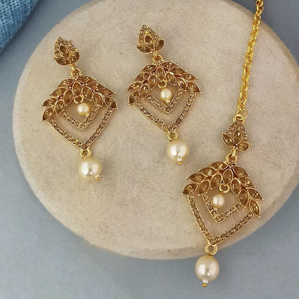 Adi Gold Plated Kundan And Austrian Stone Earrings With Maang Tikka - 1319260