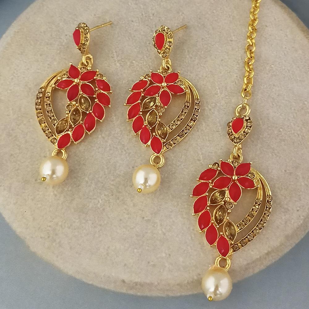Adi Gold Plated Kundan And Austrian Stone Earrings With Maang Tikka - 1319261