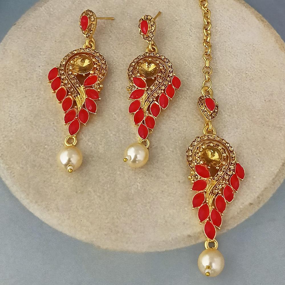 Adi Gold Plated Kundan And Austrian Stone Earrings With Maang Tikka - 1319262