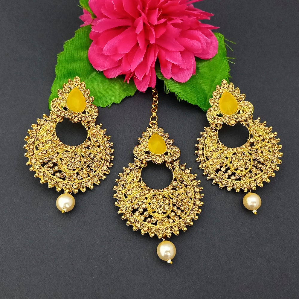 Adi Gold Plated Kundan And Stone Earrings With Maang Tikka - 1319270