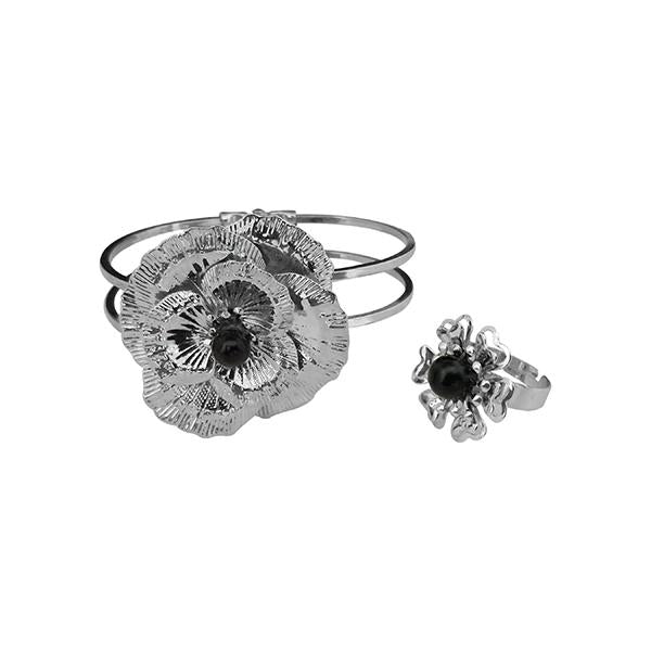 Urthn Rhoduim Plated Black Pearl Floral Openable Kada With Ring - 1402118C