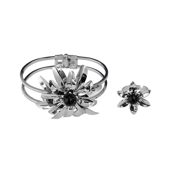 Urthn Rhodium Plated Black Pearl Floral Openable Kada With Ring - 1402120C