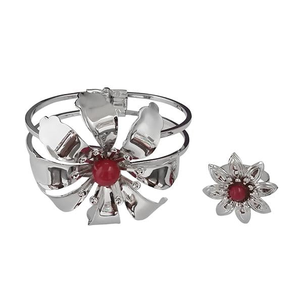 Urthn Pearl Rhodium Plated Floral Openable Kada With Ring - 1402122A