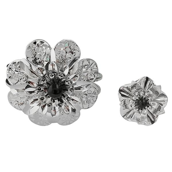 Urthn Rhodium Plated Black Pearl Floral Openable Kada With Ring - 1402123C