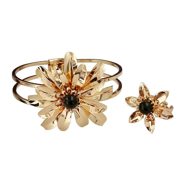 Urthn Gold Plated Black Pearl Floral Openable Kada With Ring - 1402126C
