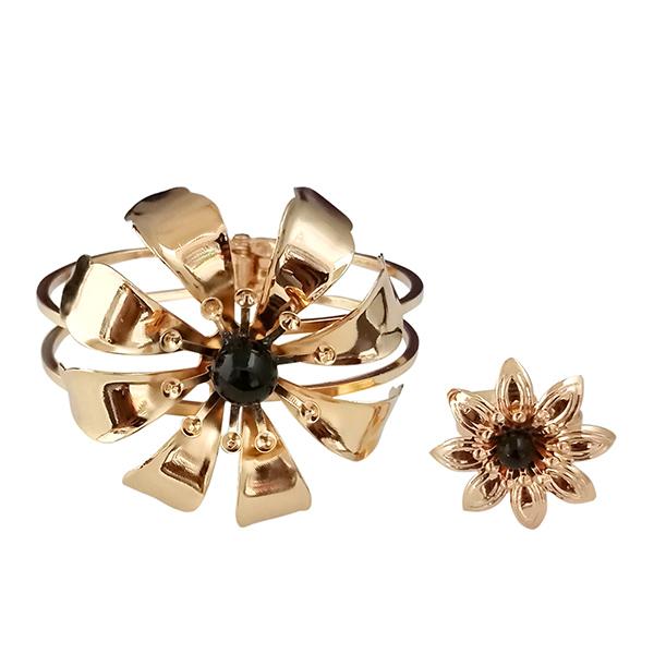 Urthn Gold Plated Black Pearl Floral Openable Kada With Ring - 1402129C