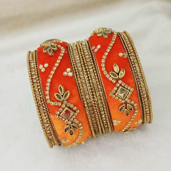Sejal Gold Plated Orange Austrian Stone Velvet Bangle Set - 1403738C_2.8