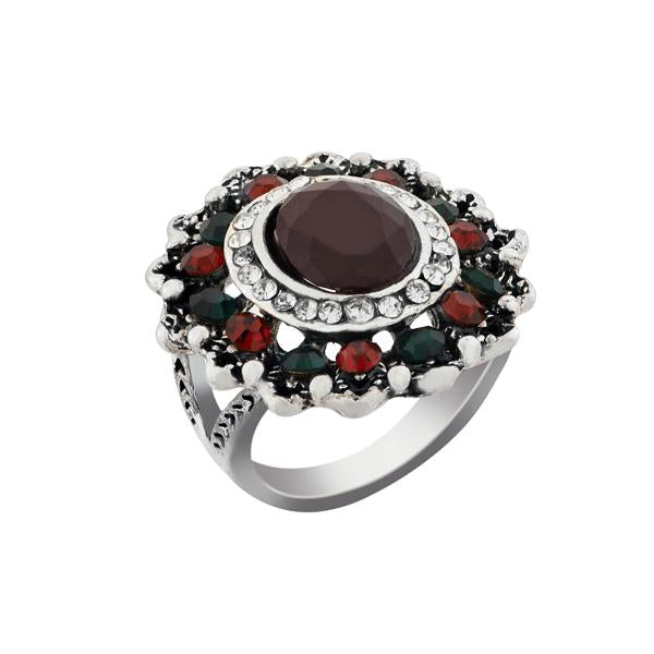 Urthn Rhodium Plated Maroon And Green Resin Stone Ring - 1501837B_17