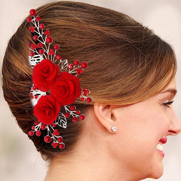 Apurva Pearls Stone Silver Plated Pearl Floral Hair Brooch - 1502011A