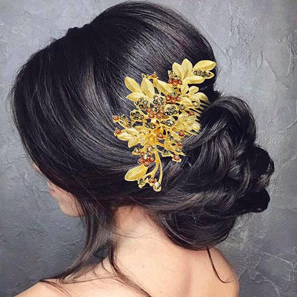 Apurva Pearls Stone Leaf Design Gold Plated Hair Brooch - 1502023B