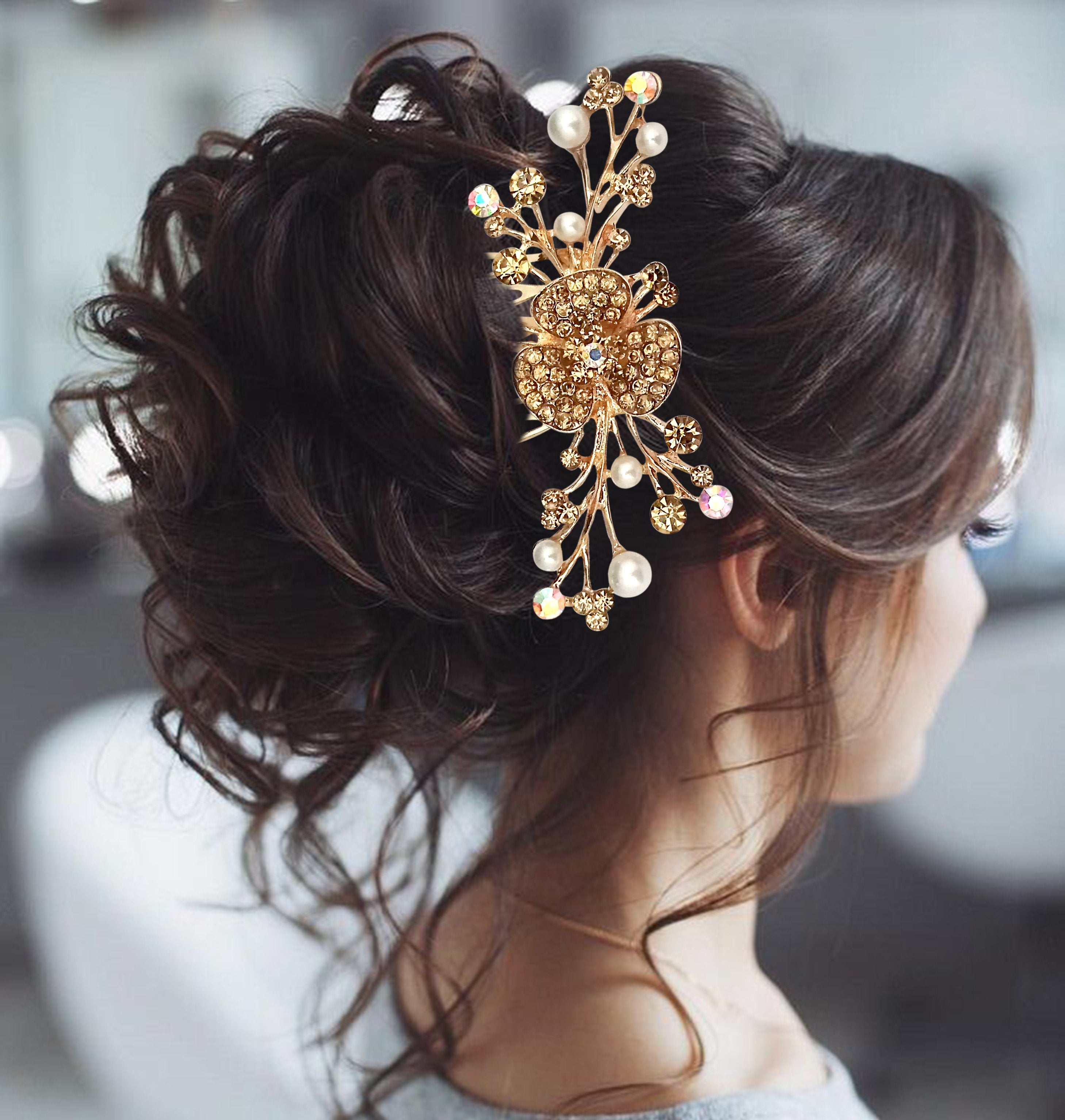 Apurva Pearls Gold Plated Austrian Stone Pearl Hair Brooch - 1502065C