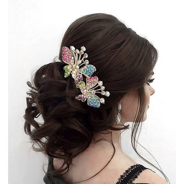 Apurva Pearls Multi Austrian Stone Gold Plated Buterfly Hair Brooch - 1502080B