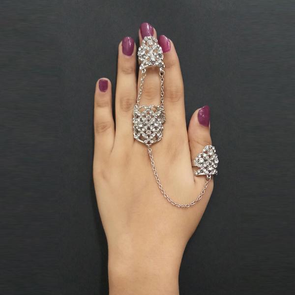 Urthn Silver Plated Austrian Stone Double Finger Ring - 1502378B