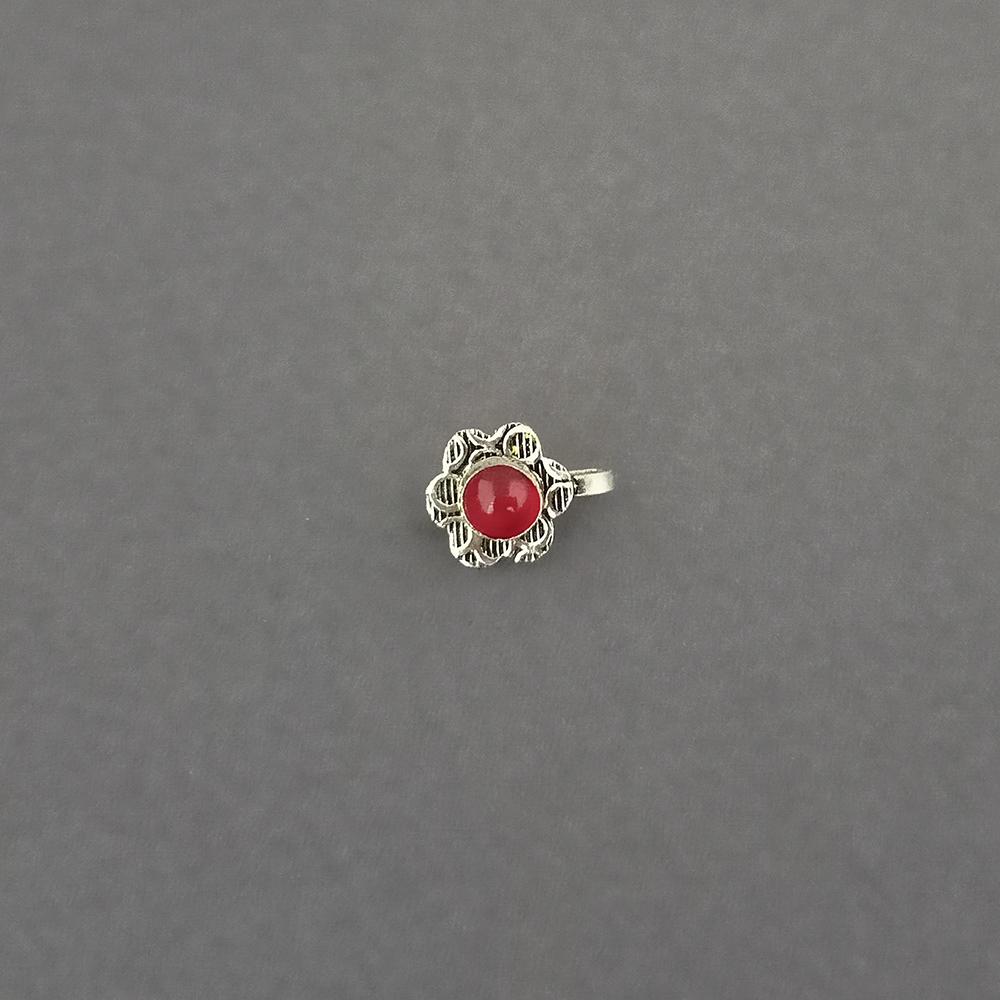 Jeweljunk Red Beads Oxidised Silver Plated Nose Ring  -  1505015E