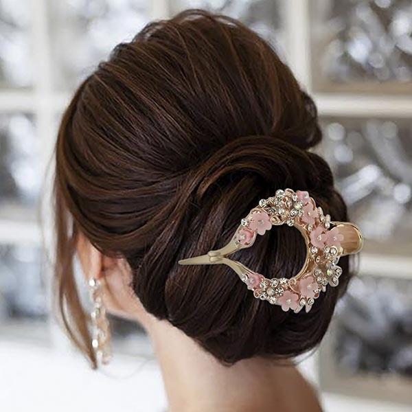 Apurva Pearls Pink Floral Austrian Stone Hair Clip - 1505101A