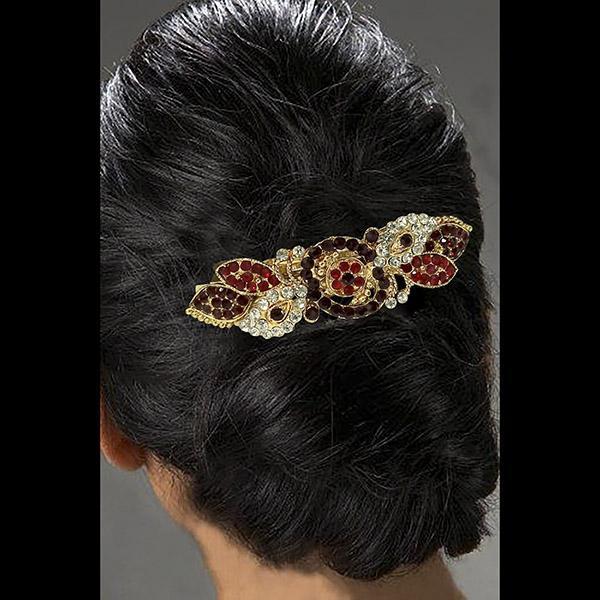 Apurva Pearls Maroon Austrian Stone Barrette Hair Clip - 1505228C