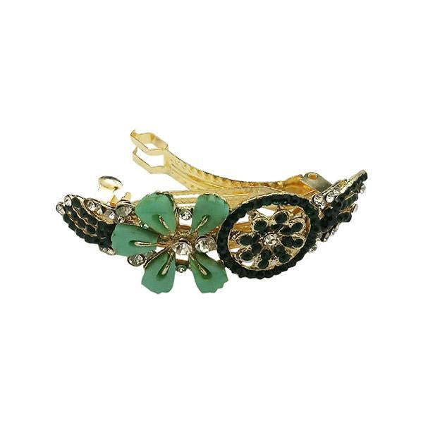 Apurva Pearls Green Austrian Stone Floral Barrette Hair Clip - 1505238C