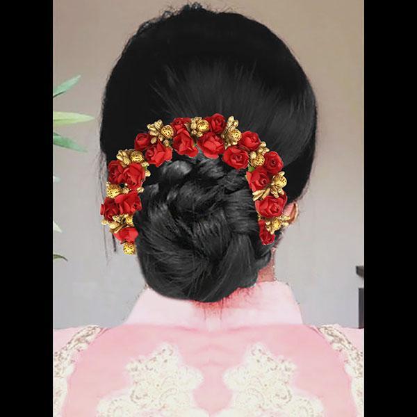 Apurva Pearls Red Floral Hair Brooch - 1505401C