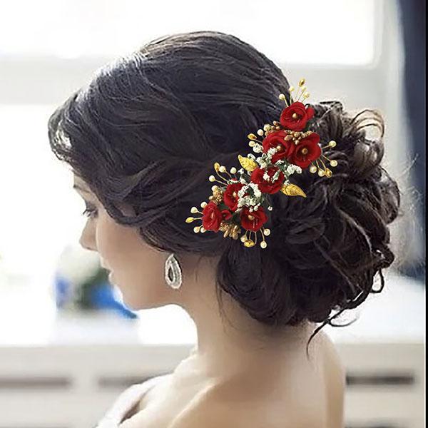 Apurva Pearls Red Floral Hair Brooch - 1505426A
