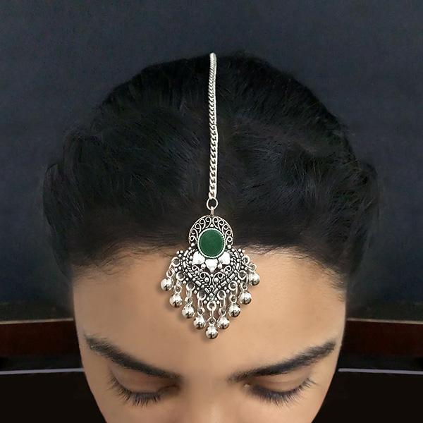 Jeweljunk Green Oxidised Silver Plated Maang Tikka - 1505607B