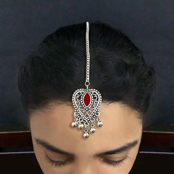 Jeweljunk Red Oxidised Silver Plated Heart Shape Maang Tikka - 1505610B