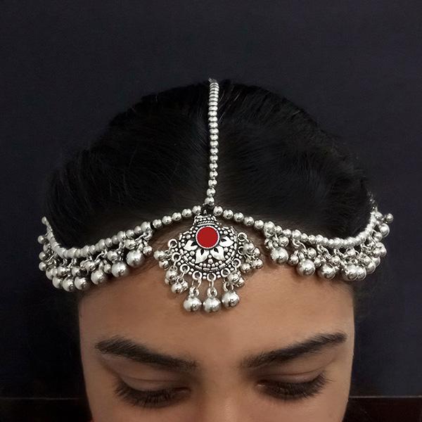 Jeweljunk Red Oxidised Silver Plated Maang Tikka - 1505632A