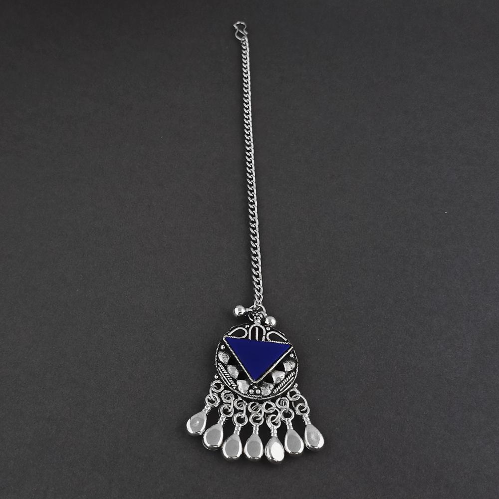 Jeweljunk Dark Blue Oxidised Silver Plated Maang Tikka - 1505652F